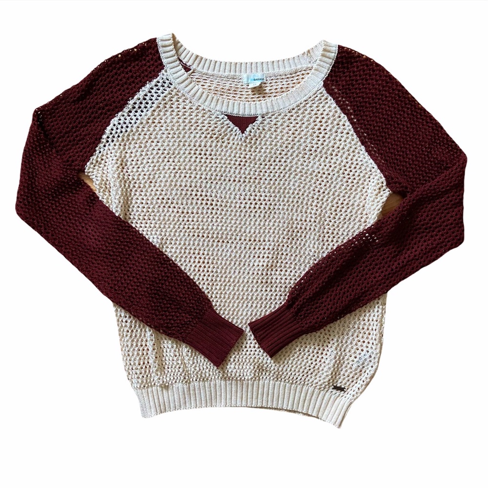Womens Open Knit Burgundy White Pullover Sweater Small